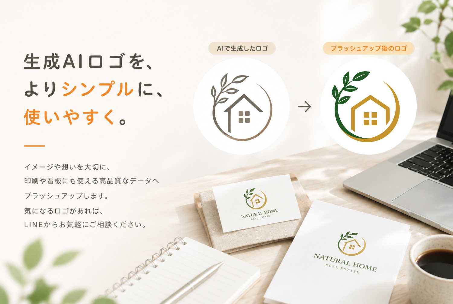 ロゴサインの生成AIロゴのブラッシュアップサービスのビジュアル